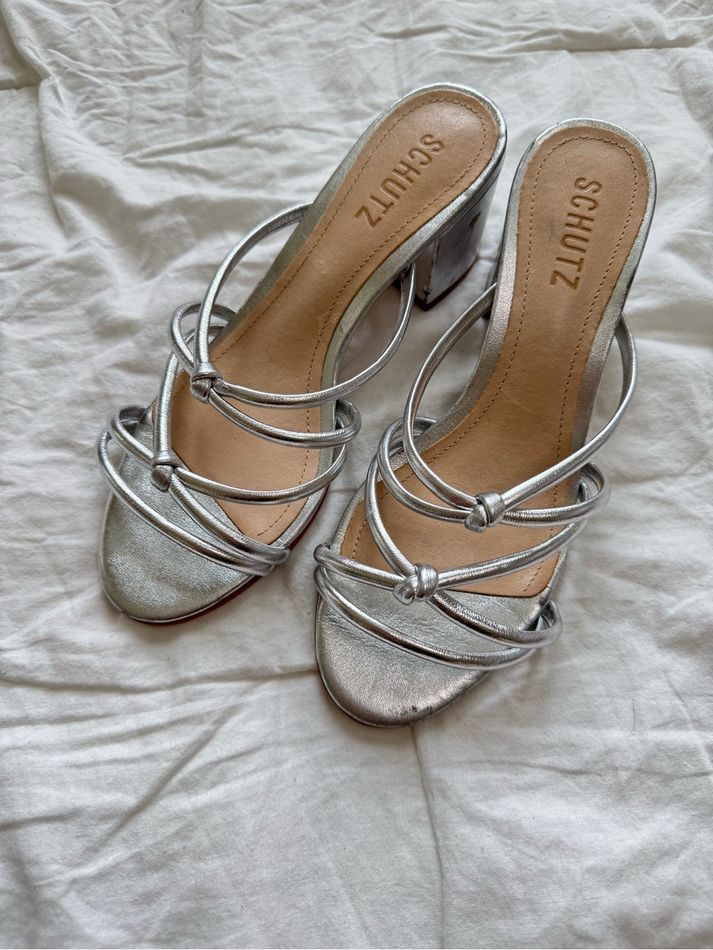 NWOT Schutz Silver Mid Block Strappy Open Toe Heels Kitten Sandal Size 5.5B